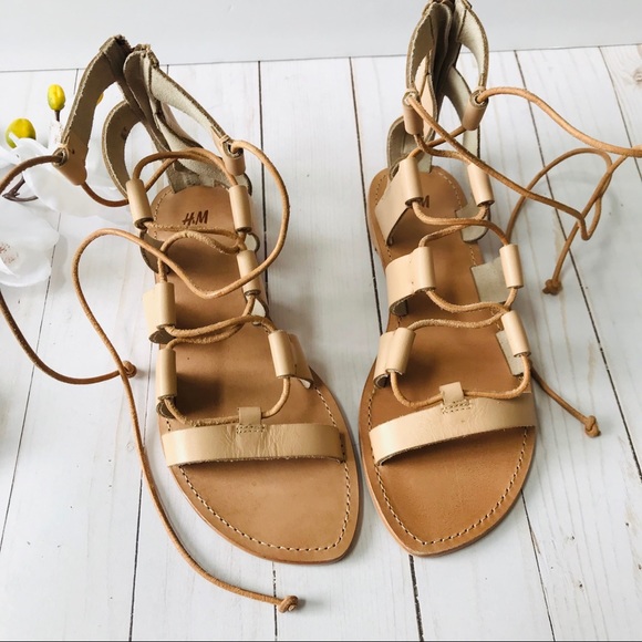 H&M Tan Genuine Leather Gladiator Lace-up Sandals Size 37 - Picture 4 of 7